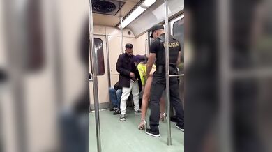 Public subway sex with busty whore and police