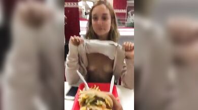 Cute Little Sister Shows Her Boobs To Her Brother In A Cafe