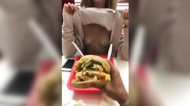 Cute Little Sister Shows Her Boobs To Her Brother In A Cafe