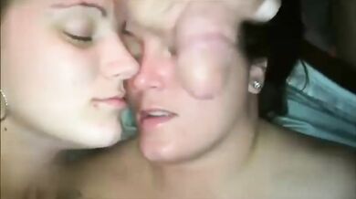 Real Mom and Daughter Kissing and Sucking Daddy's Cock to share Daddy's Warm Cum