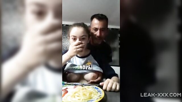 Slutty Daughter shows her Father her breasts during dinner
