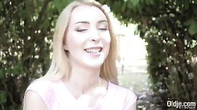 Bald daddy satisfied his daughter well by fucking her 69 position outdoor