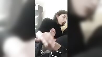 Sister with glasses jerks off brother's dick while parents are in another room