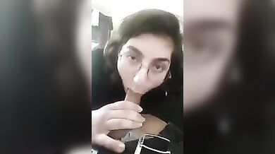 Sister with glasses jerks off brother's dick while parents are in another room