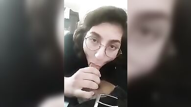 Sister with glasses jerks off brother's dick while parents are in another room