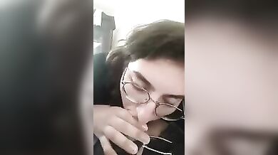 Sister with glasses jerks off brother's dick while parents are in another room