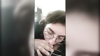 A brunette sister in glasses gave a blowjob to her brother