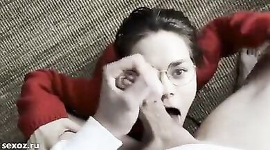 First blowjob from my real sister with glasses