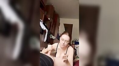Daughter with glasses sucking dad's dick while mom is at work